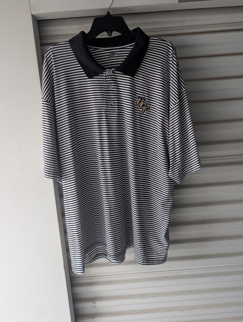 Russell Athletic Black & White Striped Polo with Embroidered UCF Logo